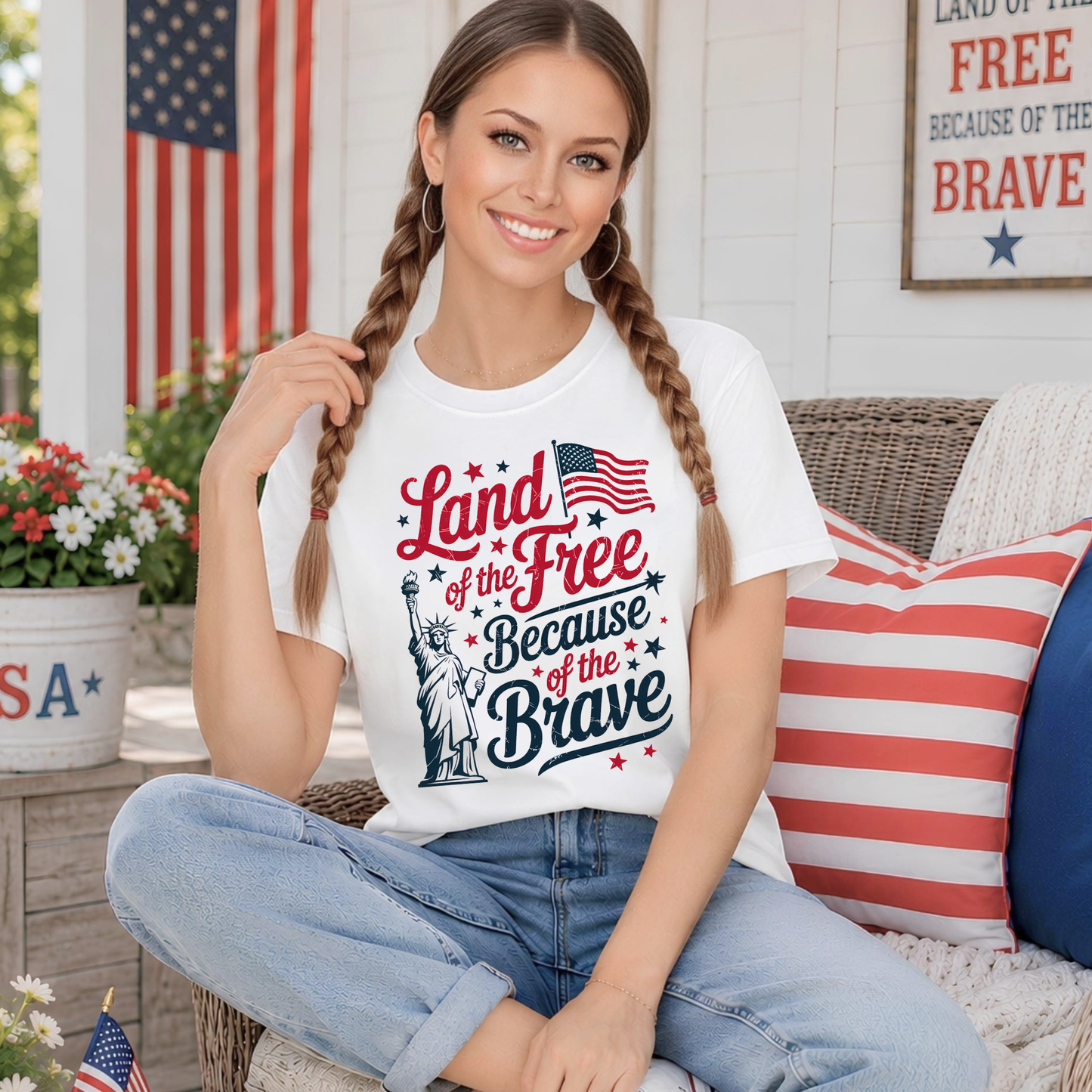 Woman wearing a 'Land of the Free Because of the Brave' t-shirt sitting outdoors with an American flag in the background.