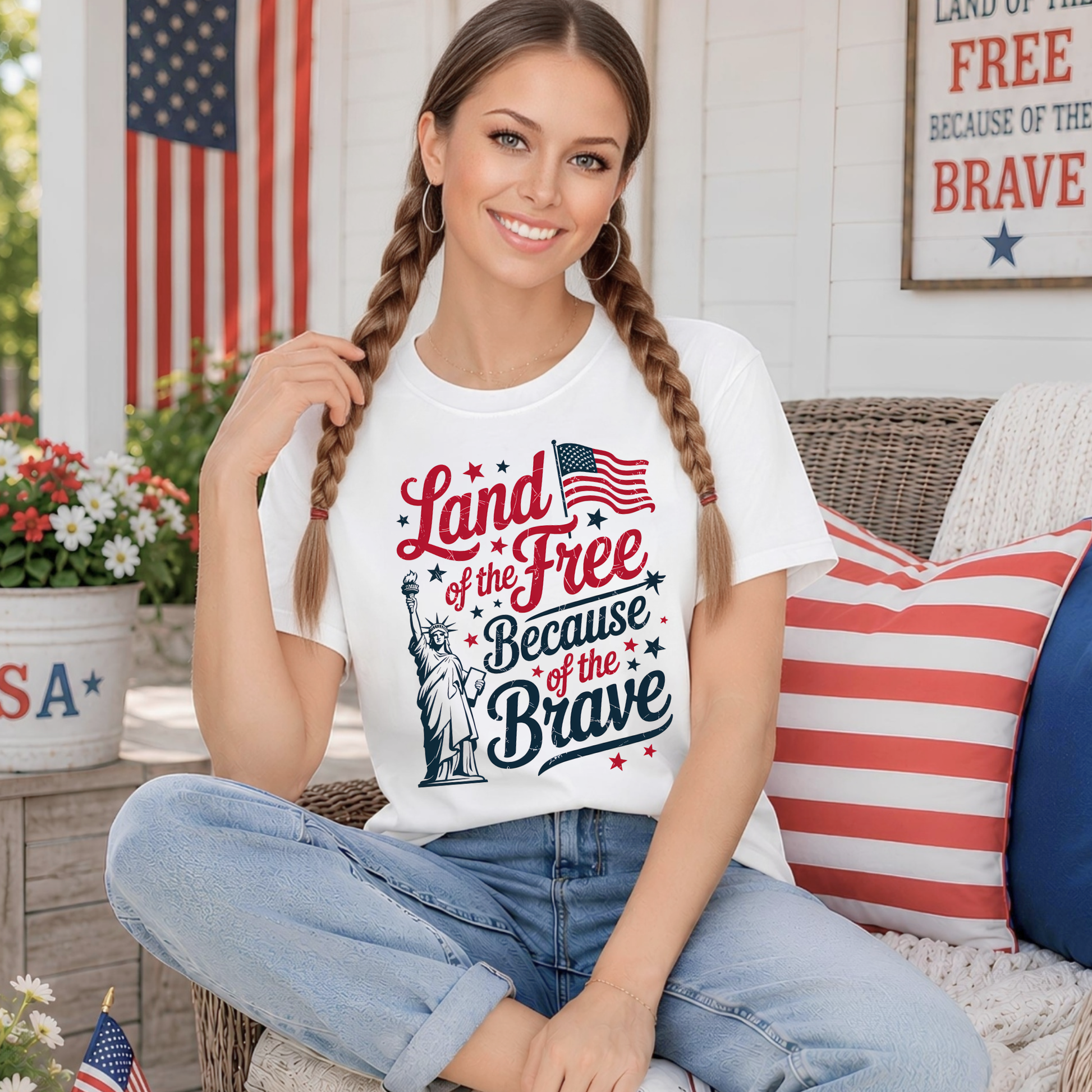 Woman wearing a 'Land of the Free Because of the Brave' t-shirt sitting outdoors with an American flag in the background.