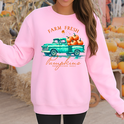 Woman wearing a White sweatshirt with fall truck and pumpkins worn in a pumpkin patch setting