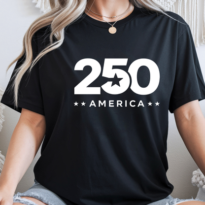 Woman wearing a black t-shirt with '250 America' printed on it.