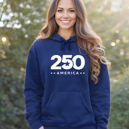 Woman wearing a blue hoodie with '250 America' text outdoors