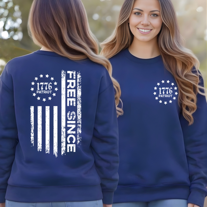 Woman wearing a blue sweatshirt with '1776 Patriot' design on the front and back.