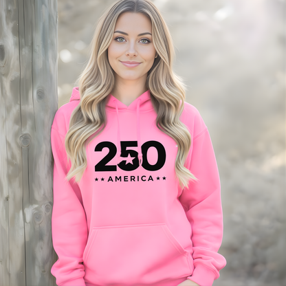 Woman wearing a pink hoodie with '250 America' text