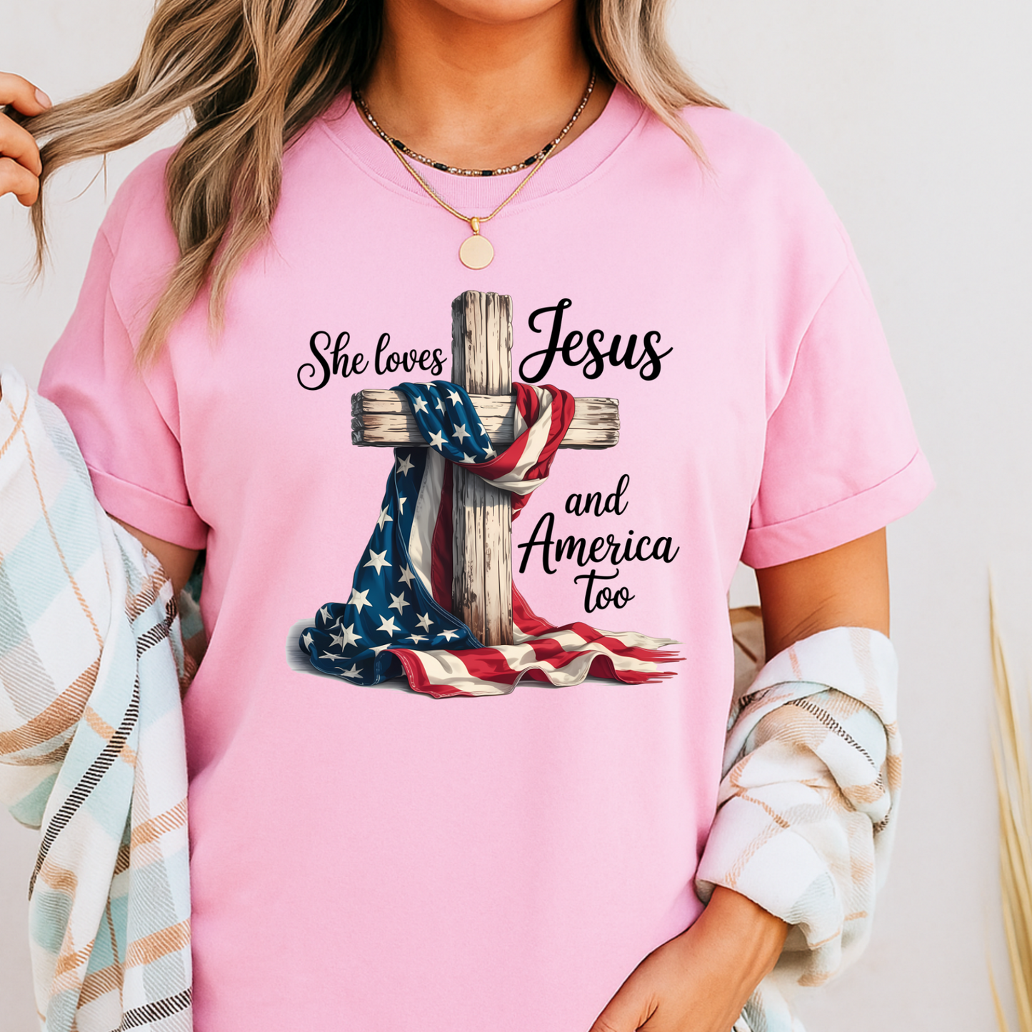 Woman wearing a pink insparational Patriotic Shirt
