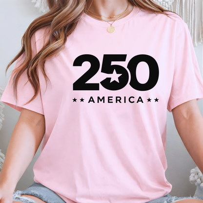 Woman wearing a pink t-shirt with '250 America' text