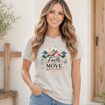 Woman wearing a t-shirt with 'Faith Can Move Mountains' design in a home setting.