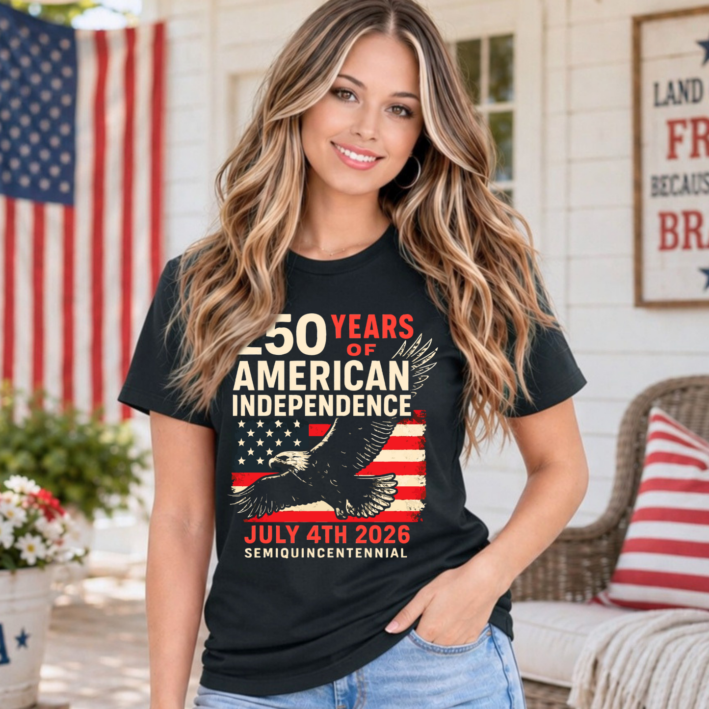 Woman wearing black America 250 patriotic tshirt with eagle and American flag design celebrating 250 years of American independence July 4th 2026 semiquincentennial patriotic apparel for women summer 4th of July outfit.