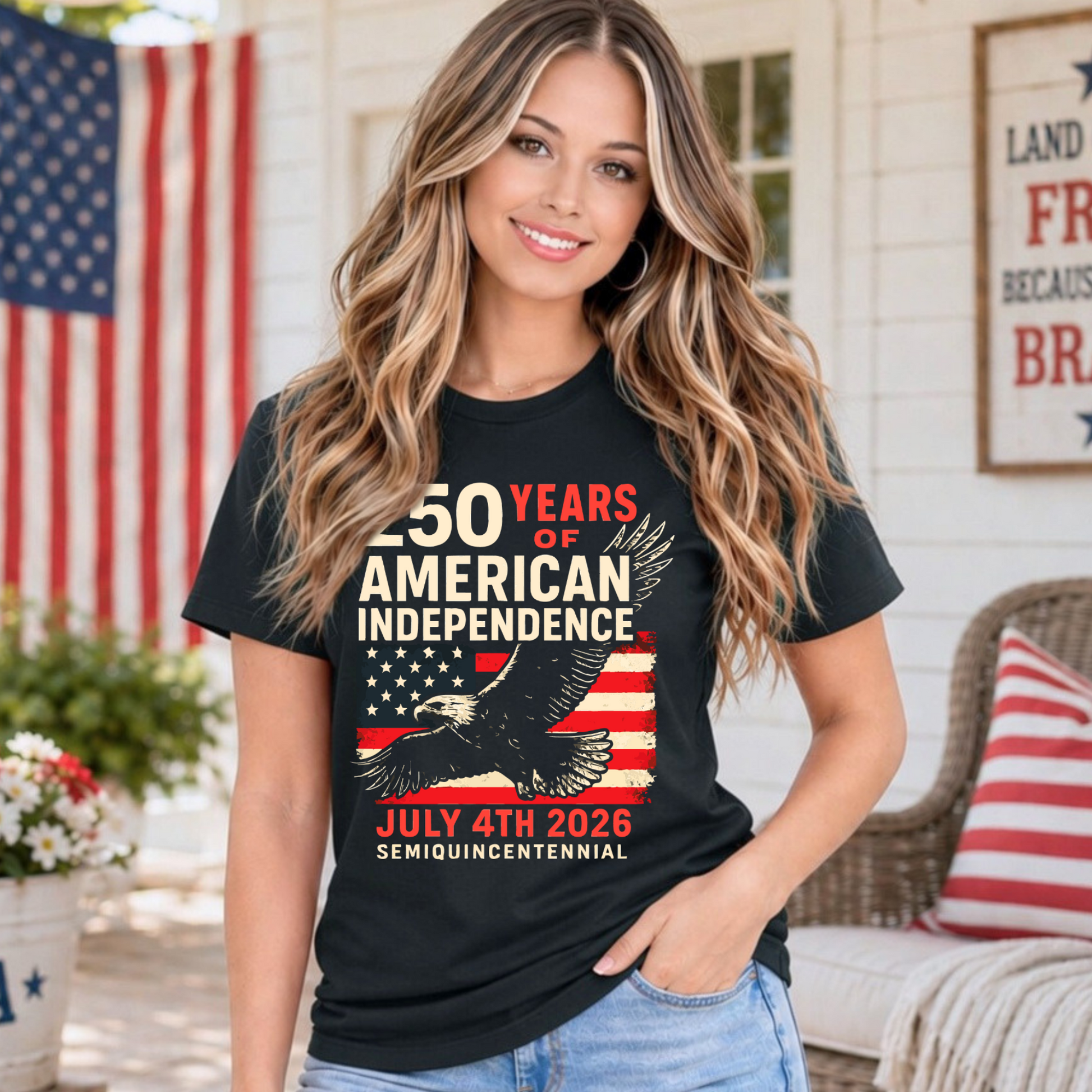 Woman wearing black America 250 patriotic tshirt with eagle and American flag design celebrating 250 years of American independence July 4th 2026 semiquincentennial patriotic apparel for women summer 4th of July outfit.