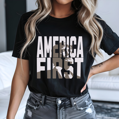 Woman wearing black “America First” tee with bold font