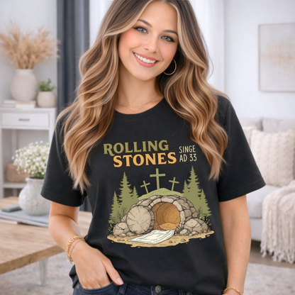 Woman wearing black Comfort Colors Christian t-shirt with tomb design styled casually indoors