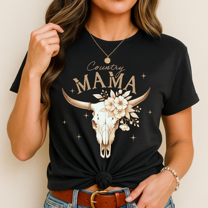 Woman wearing black "Country Mama" T-shirt styled with jeans – front view

