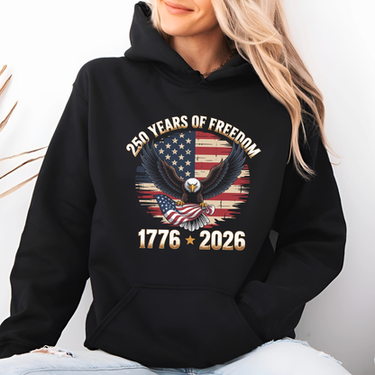 Woman wearing black hoodie with 250 Years of Freedom eagle design