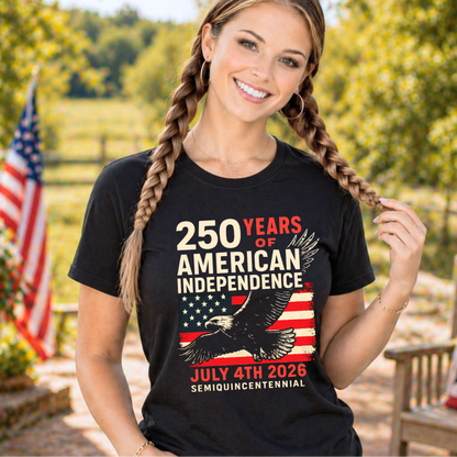 Woman wearing black patriotic America 250 tshirt with bald eagle and vintage American flag graphic celebrating 250 years of American independence July 4th 2026 patriotic apparel for women and teens.