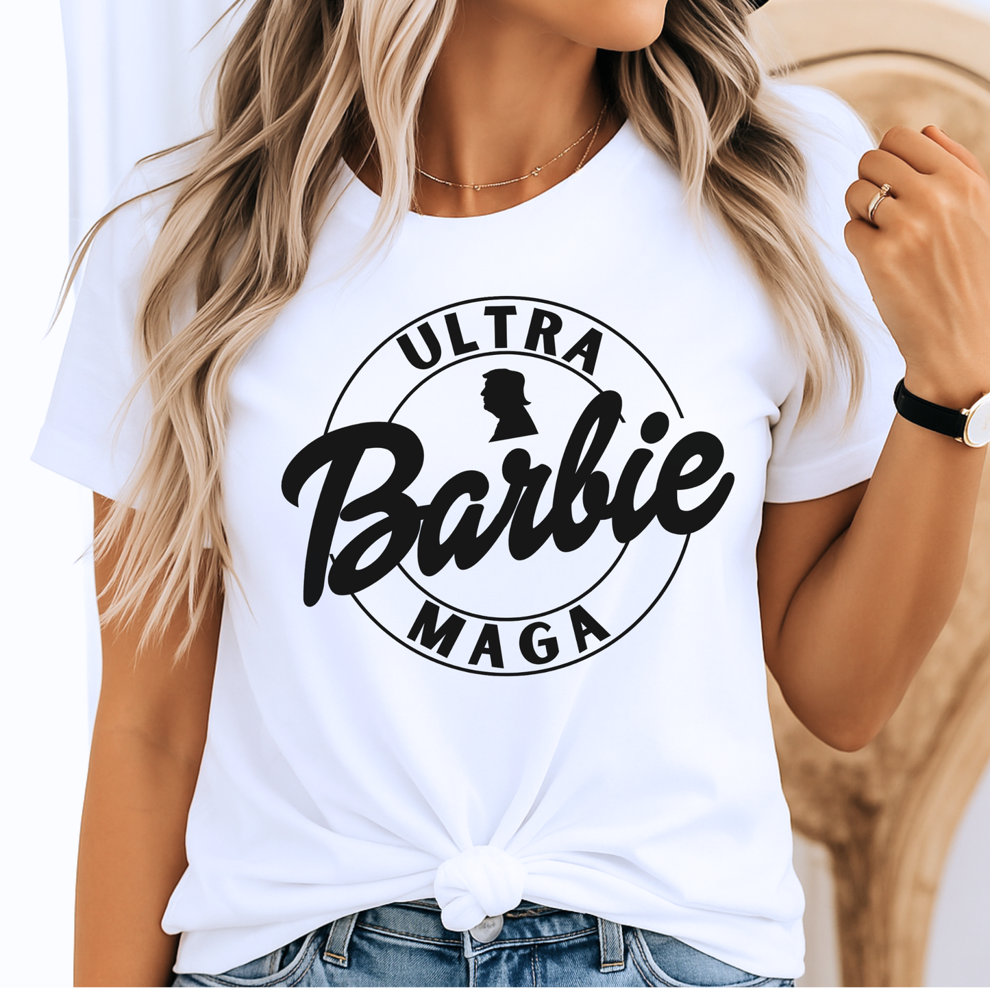 Woman wearing White Ultra Maga Doll T-shirt with bold circle logo design.