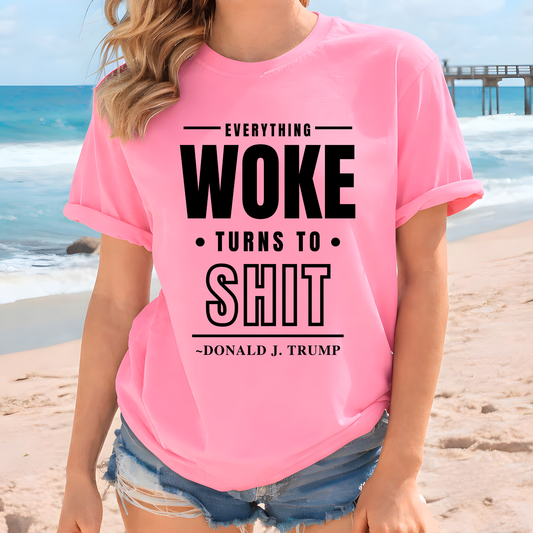 Woman wearing bright pink t-shirt with bold conservative quote graphic at the beach – The Right Side Prints

