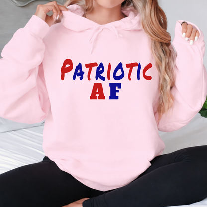 Woman wearing pink patriotic AF hoodie with red white and blue text