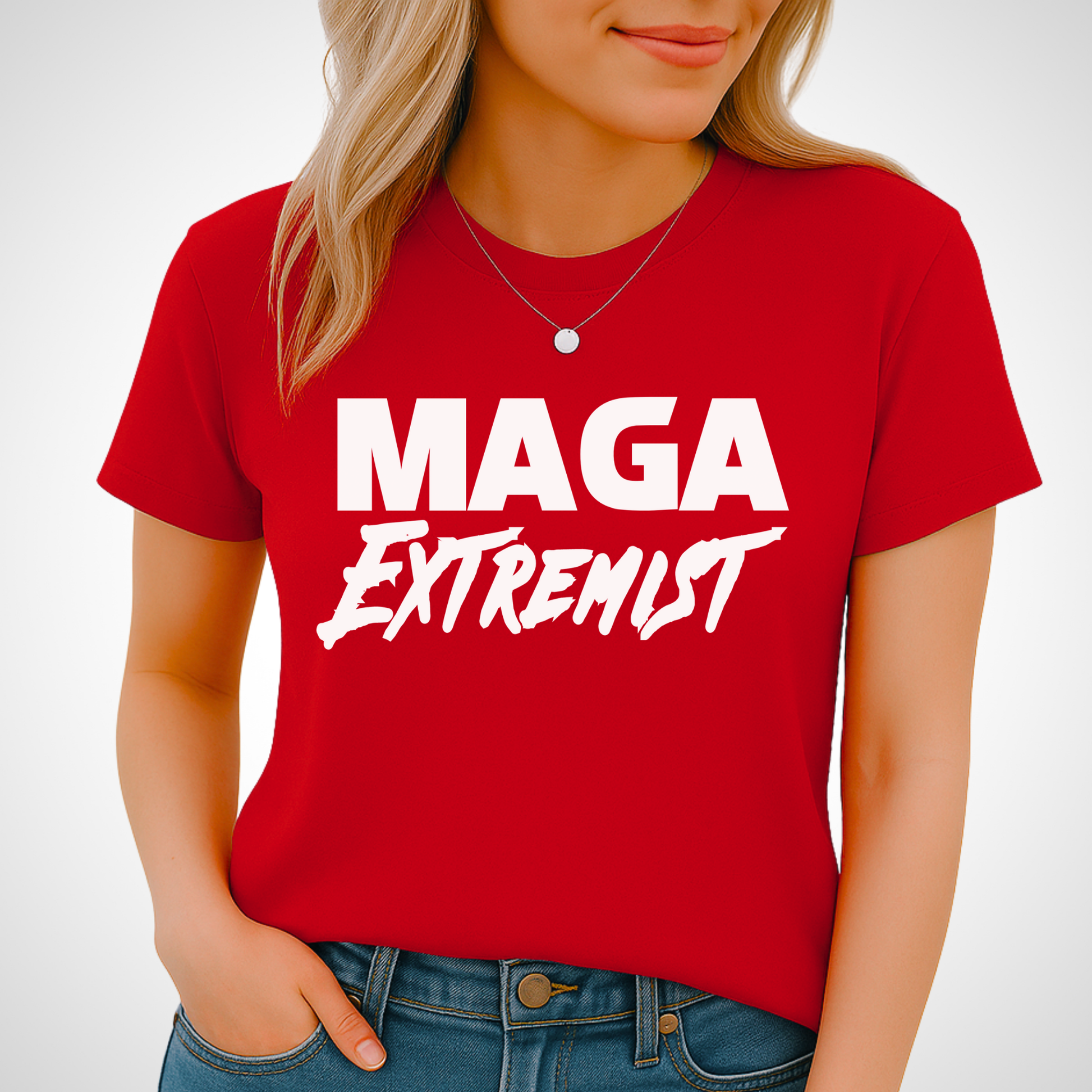 Woman wearing red T-shirt with bold white statement text graphic, tied hem style.