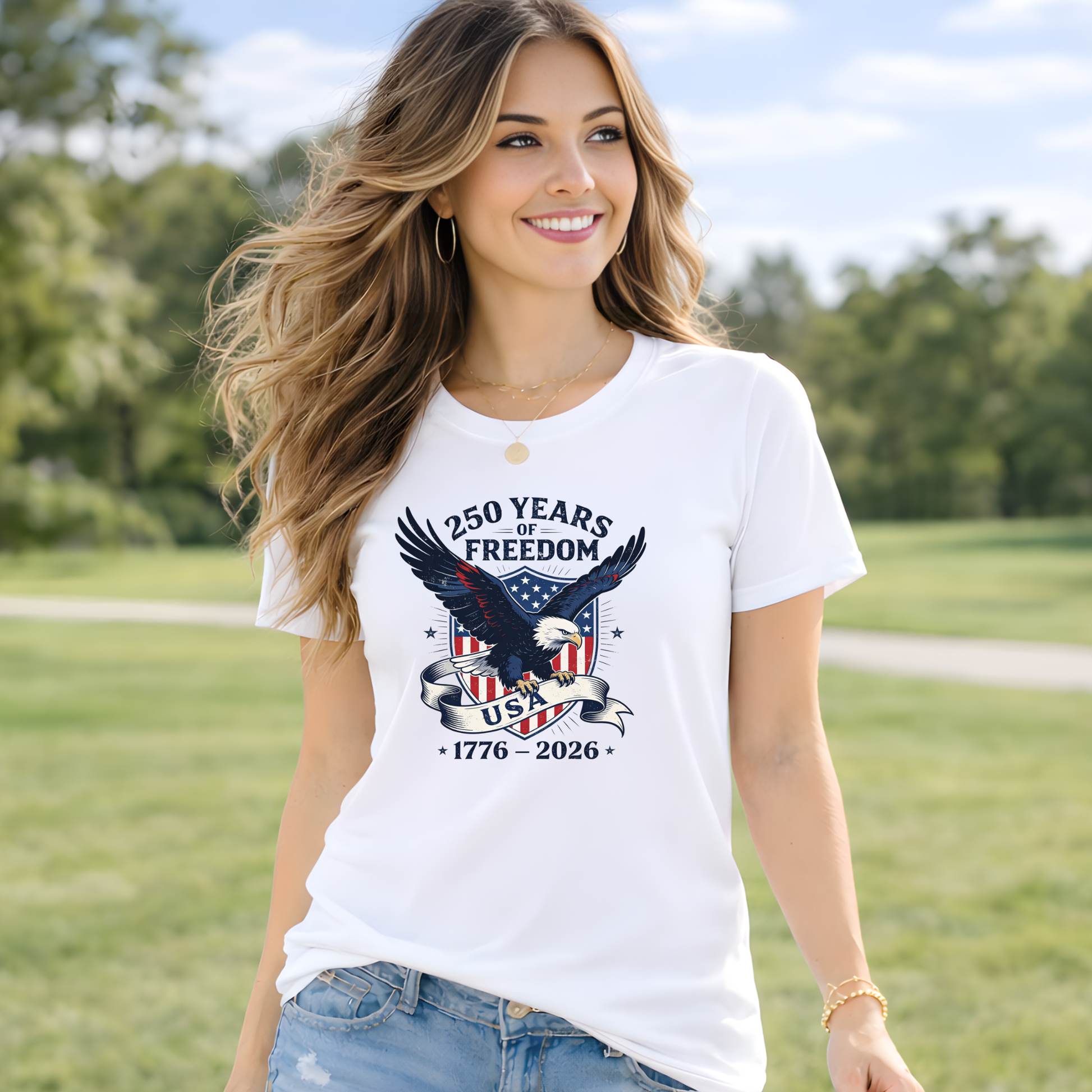 Woman wearing white America 250 shirt outdoor patriotic style