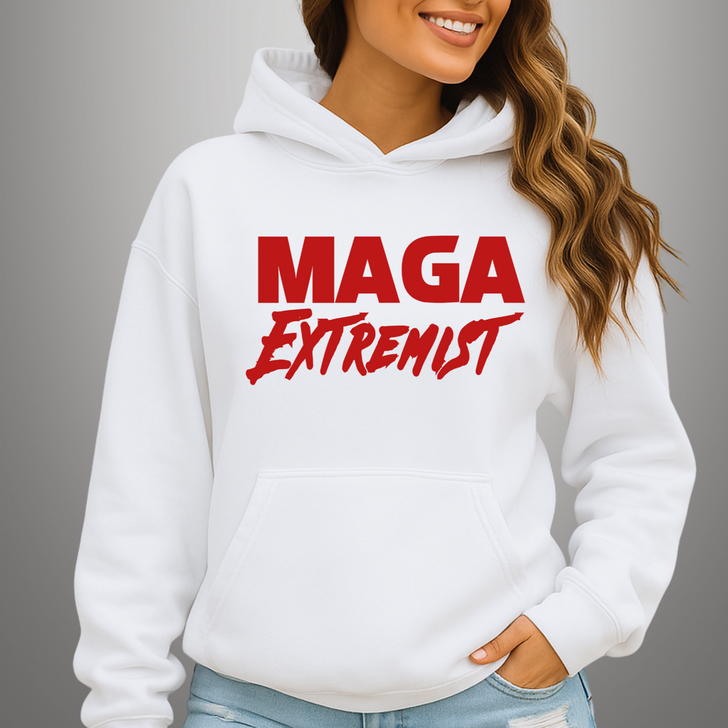 White MAGA Extremist hoodie front view