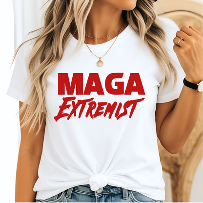 Woman wearing white T-shirt with bold red statement text graphic, tied hem style.