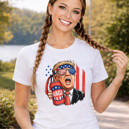 Woman wearing white funny USA shirt with patriotic design close up