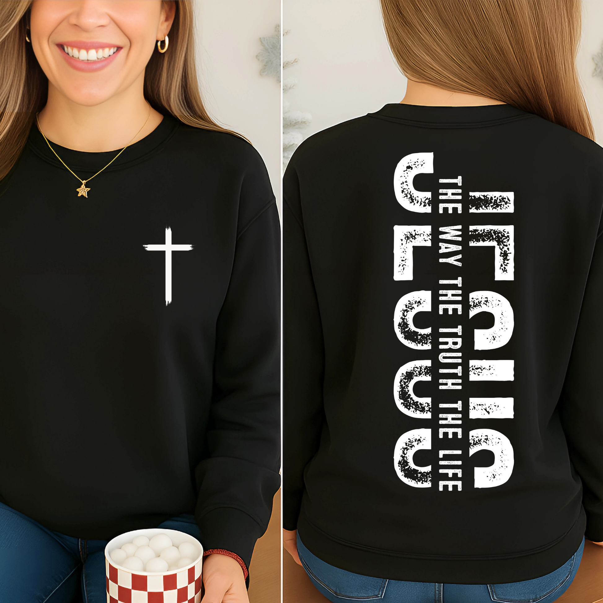 Black Jesus faith sweatshirt with front cross and large vertical JESUS graphic on back