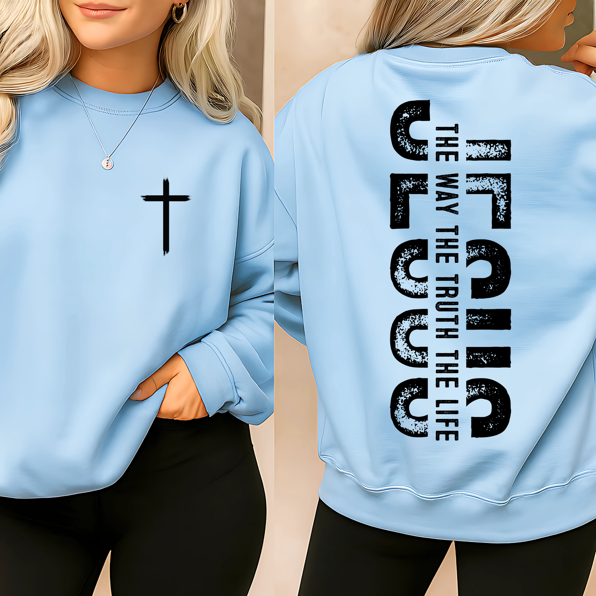 Light blue Christian crewneck sweatshirt with cross detail and large back JESUS design