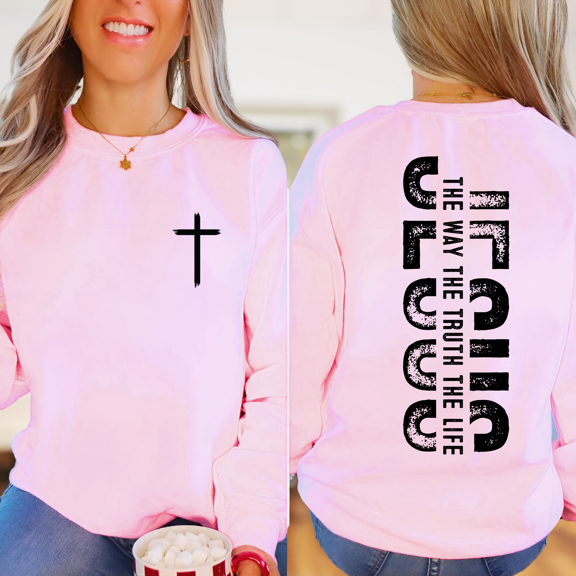 Light pink Christian sweatshirt with cross front and Jesus back print