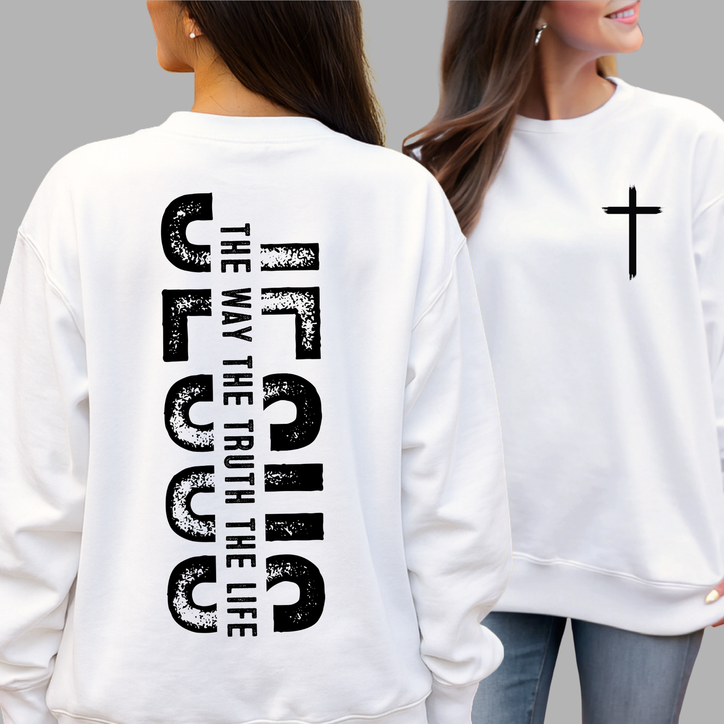 White cross and JESUS graphic crewneck, inspirational Christian sweatshirt