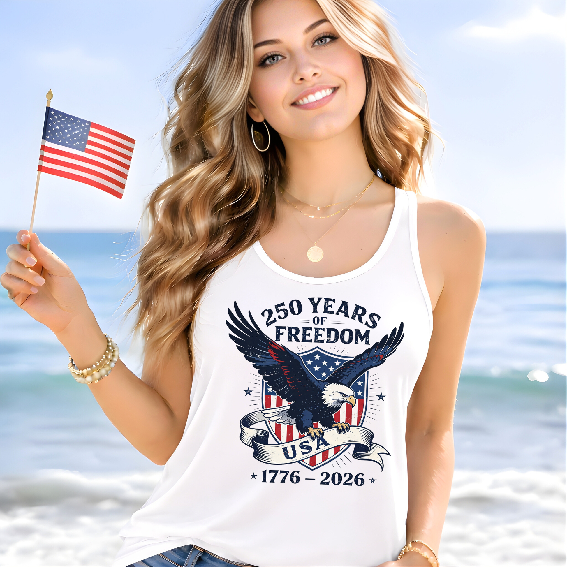 Women's 250 Years of Freedom Patriotic Eagle Racerback Tank – White – The Right Side Prints