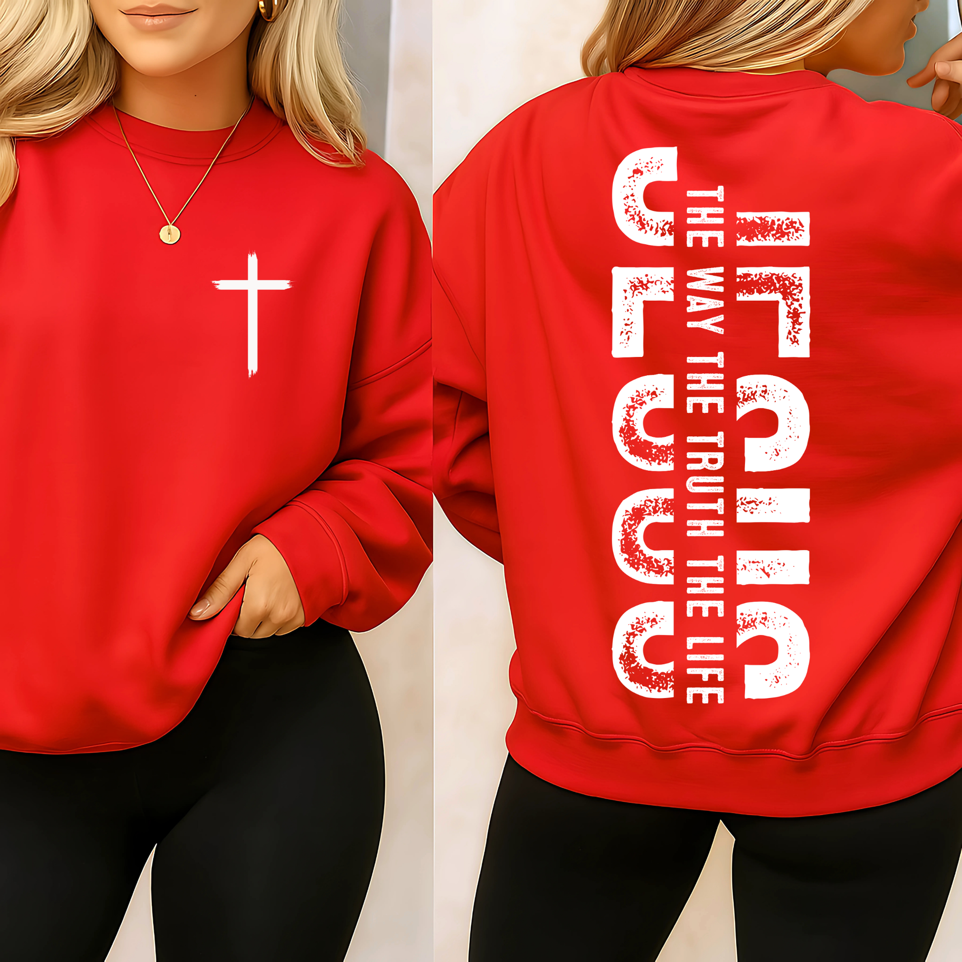 Red faith sweatshirt featuring a cross on the front and JESUS vertical back print