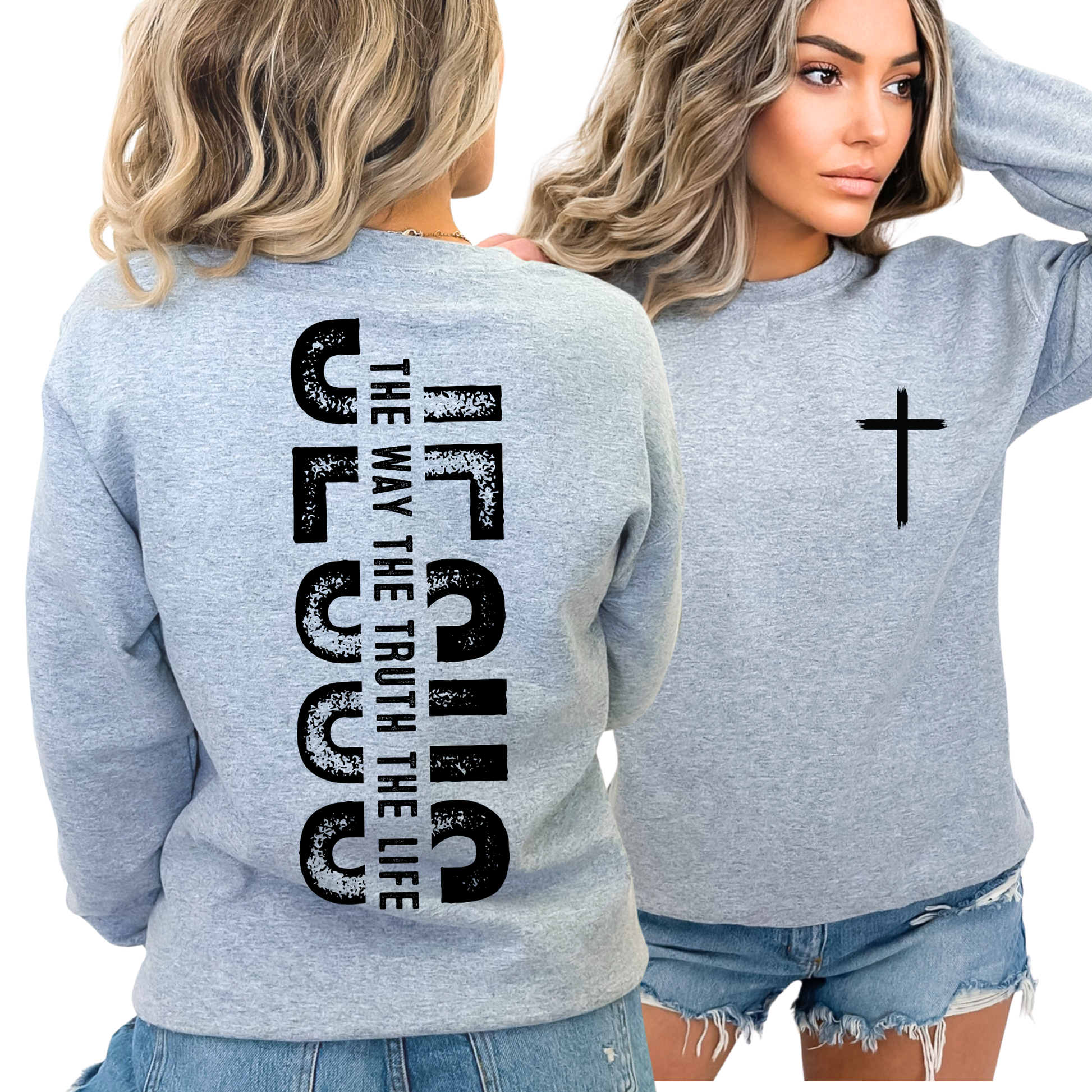 Gray inspirational crewneck with small front cross and bold JESUS lettering on back