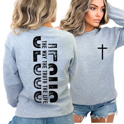 Gray inspirational crewneck with small front cross and bold JESUS lettering on back
