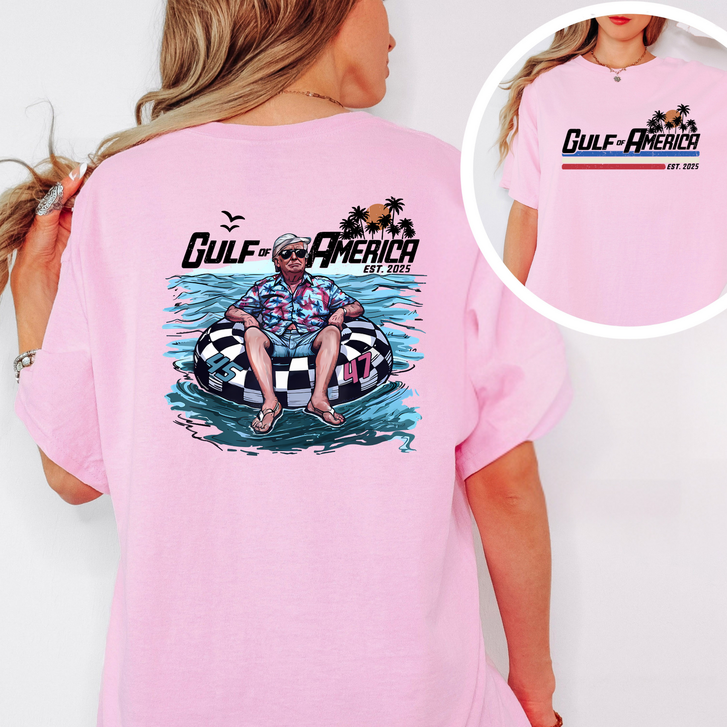 Funny beach shirt – floating on America inner tube

