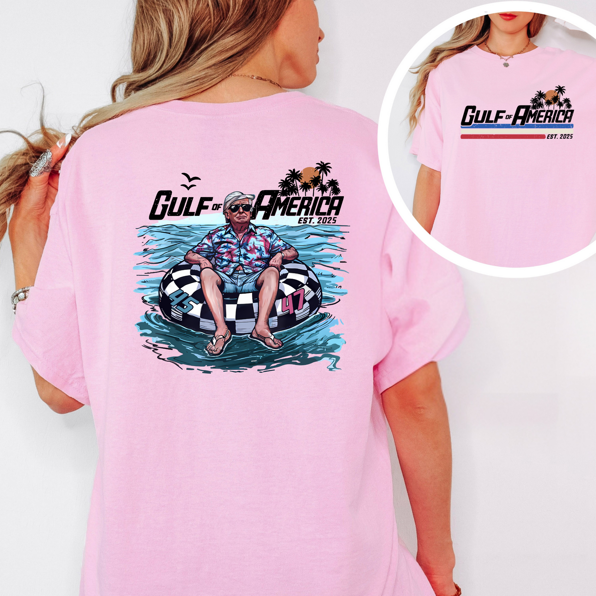 Funny beach shirt – floating on America inner tube

