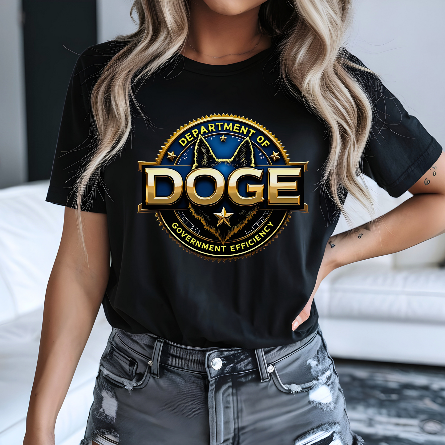 Women's black DOGE t-shirt – bold gold graphic seal
