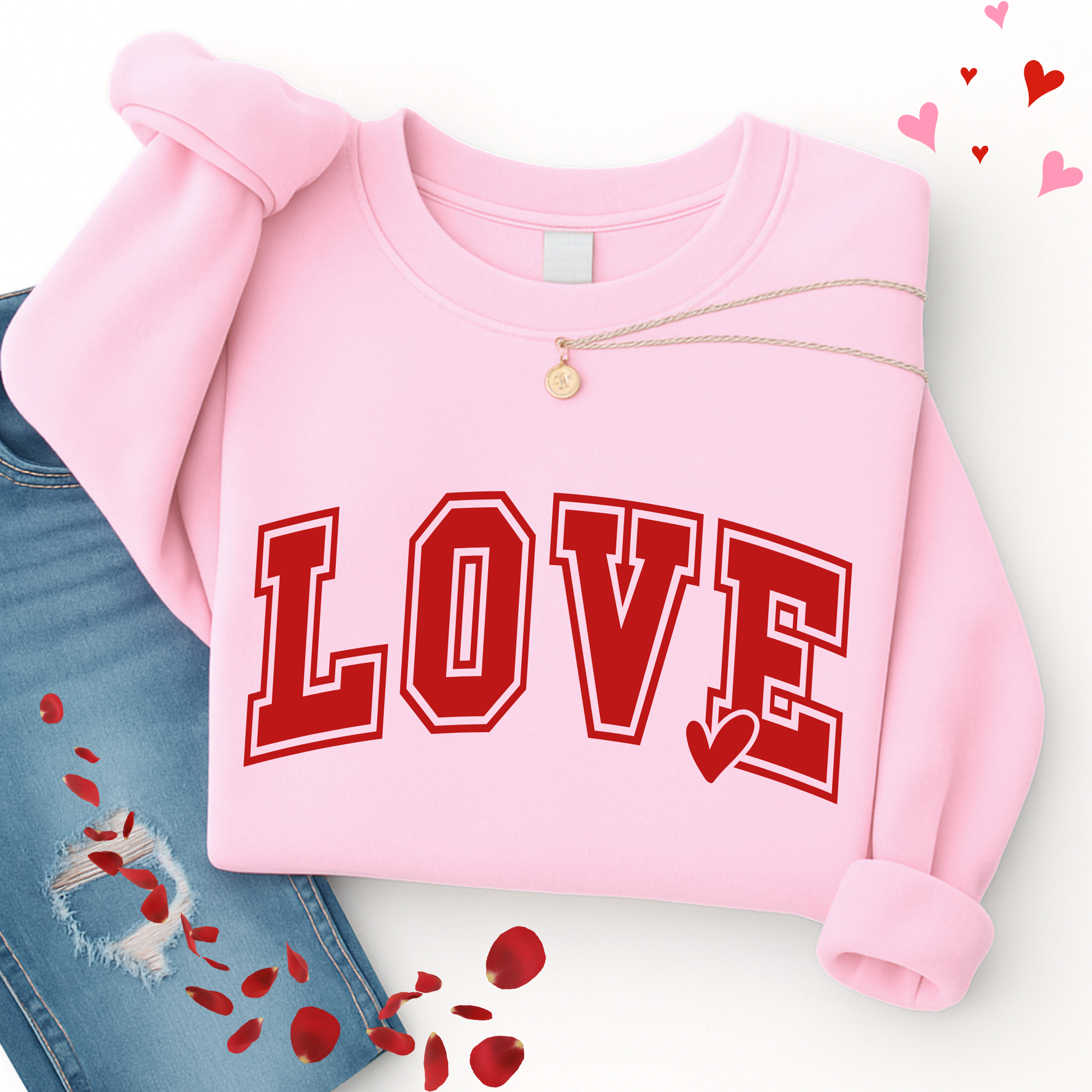 Women’s cozy LOVE sweatshirt in light pink, unisex sizing