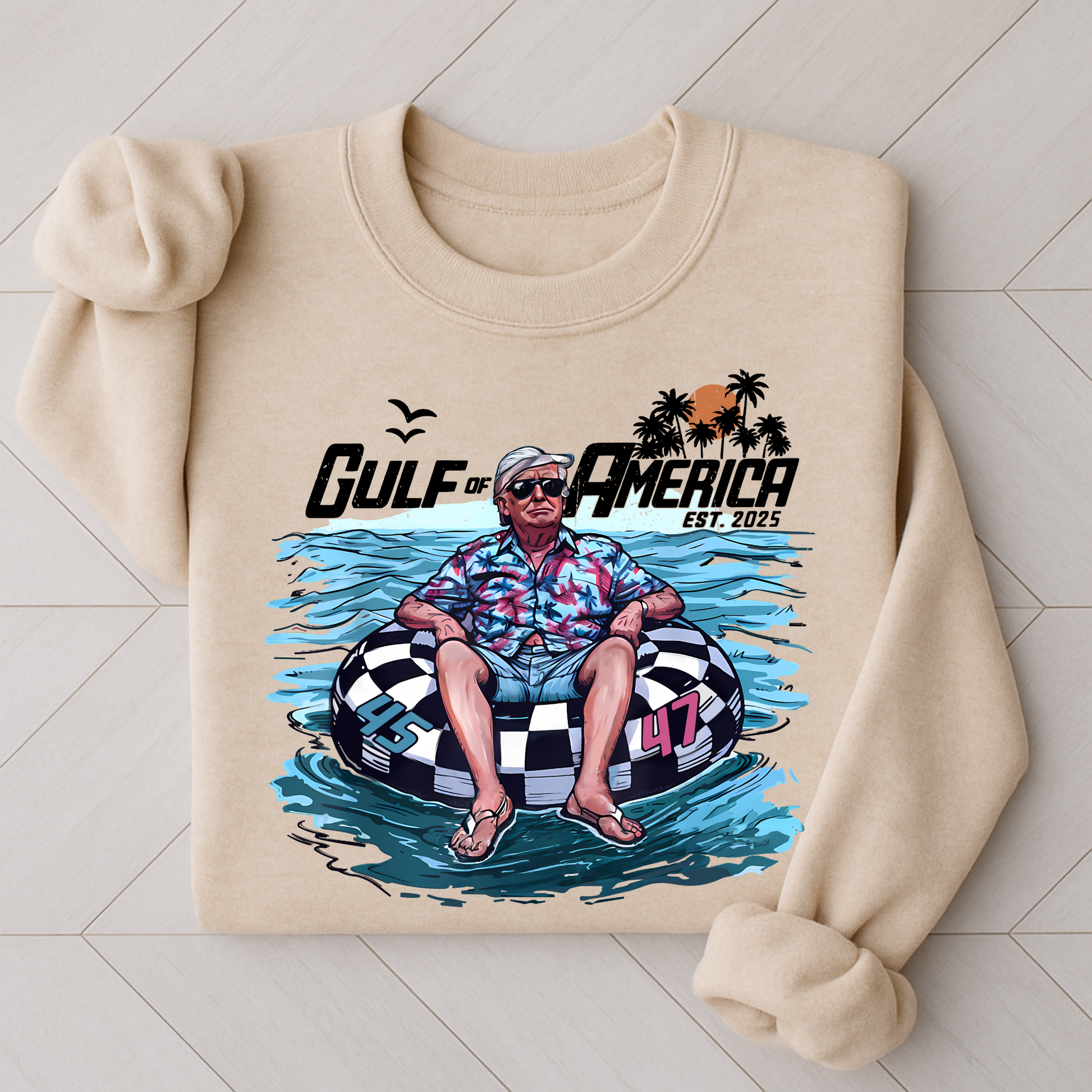 sand  sweatshirt with retro water float graphic, flatlay