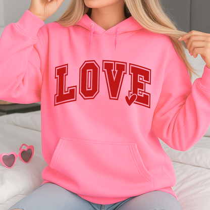 Women’s unisex LOVE hoodie in pink with varsity lettering
