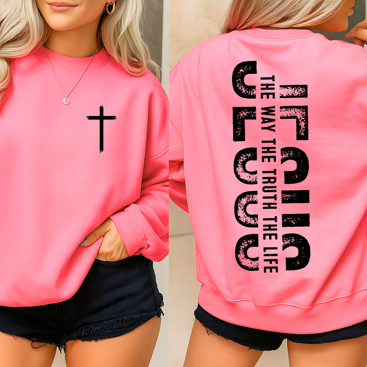 Pink Jesus Cross Faith sweatshirt with small front cross and bold back JESUS vertical graphic