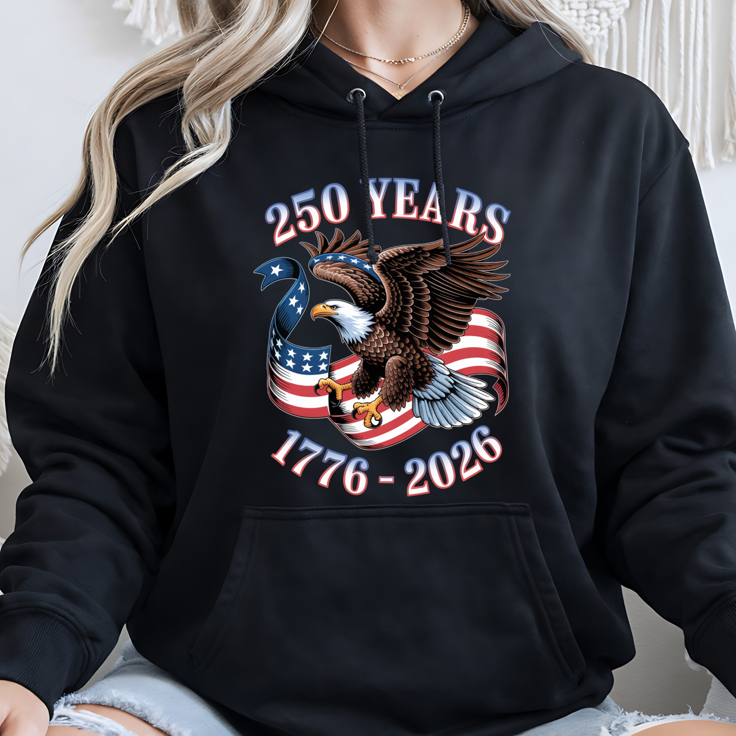 Womens black hoodie America 250 eagle patriotic 1776 2026 sweatshirt