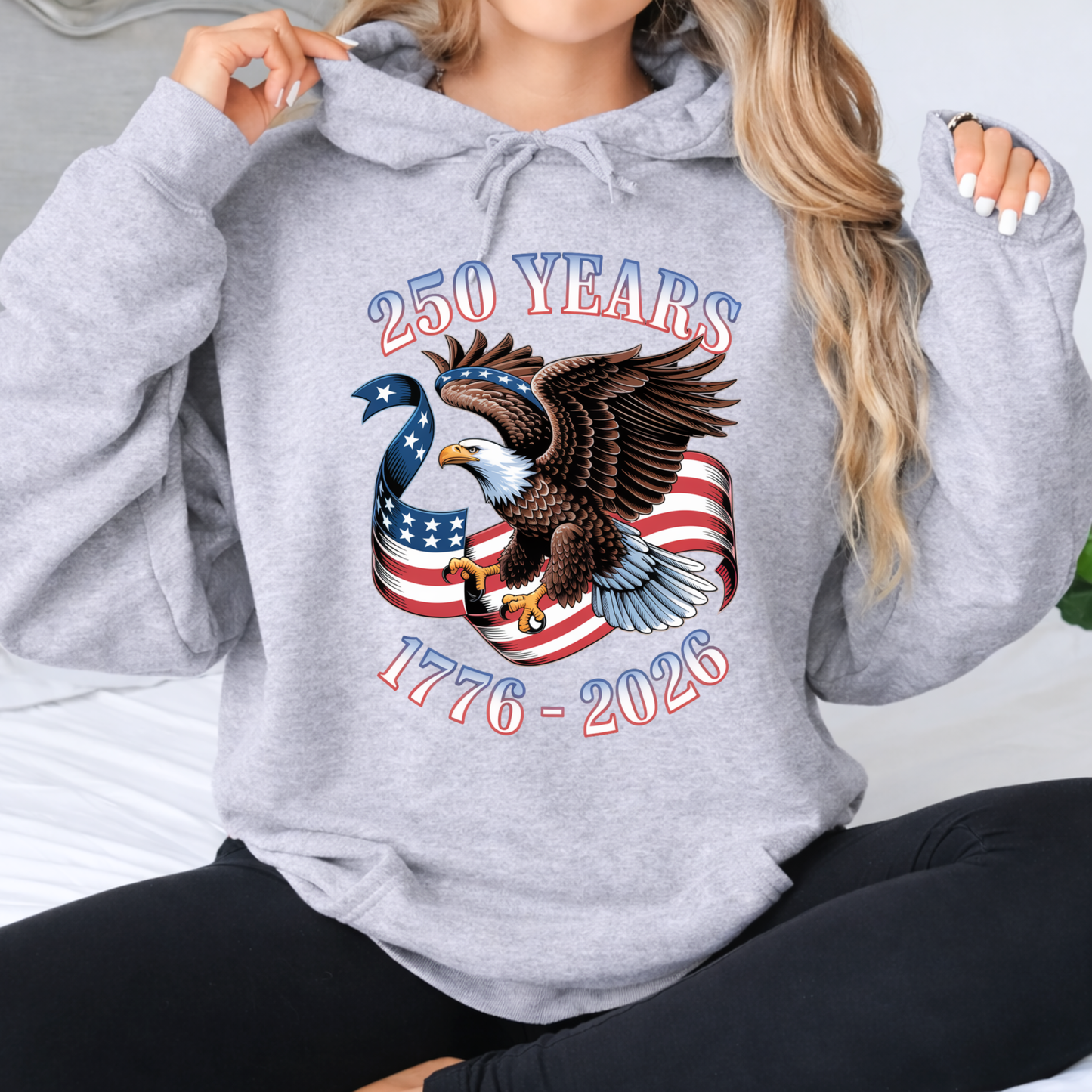 Womens gray hoodie America 250 eagle patriotic graphic 1776 2026