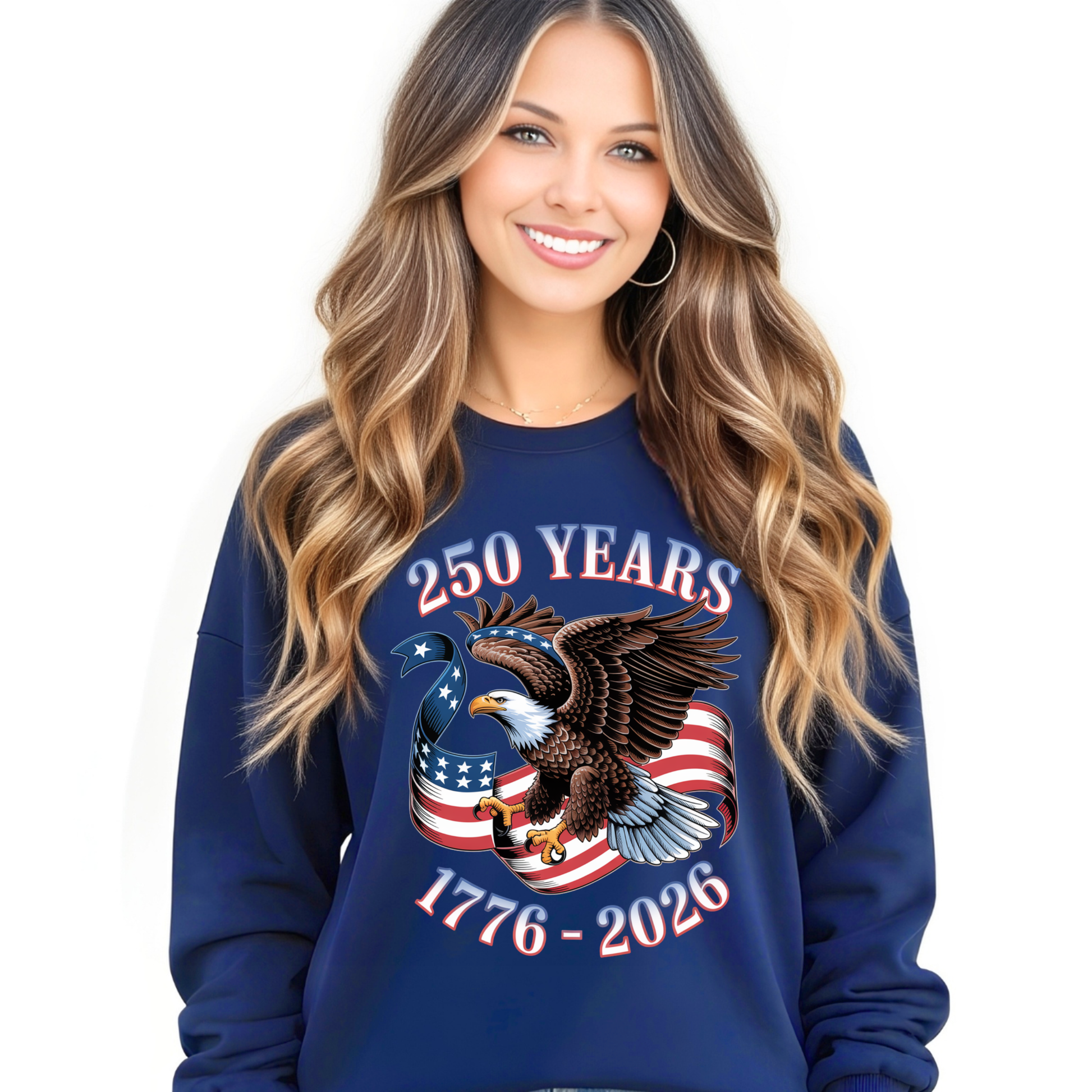 Womens navy crewneck America 250 eagle graphic patriotic sweatshirt
