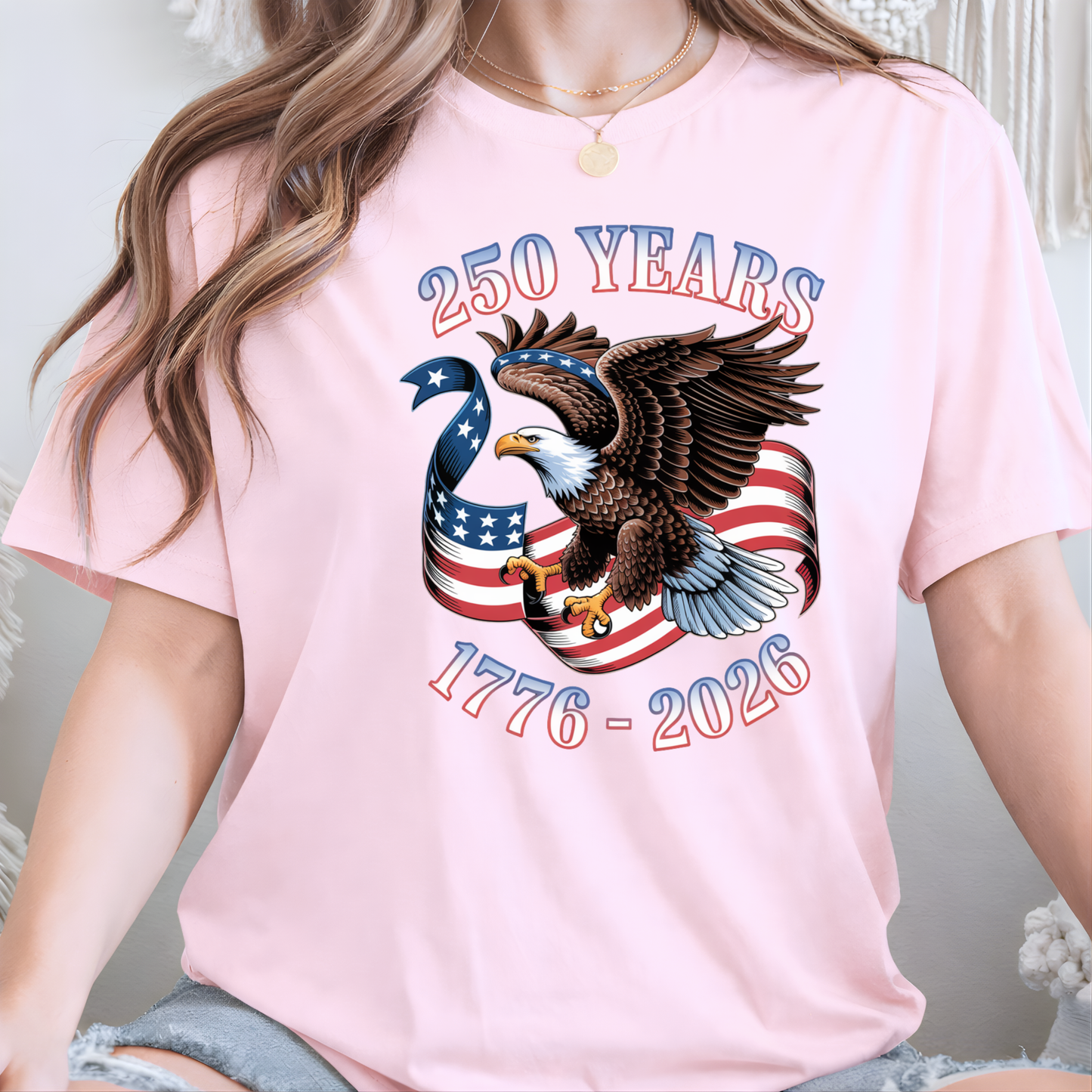 Womens pink America 250 shirt eagle patriotic graphic 1776 2026 USA tee