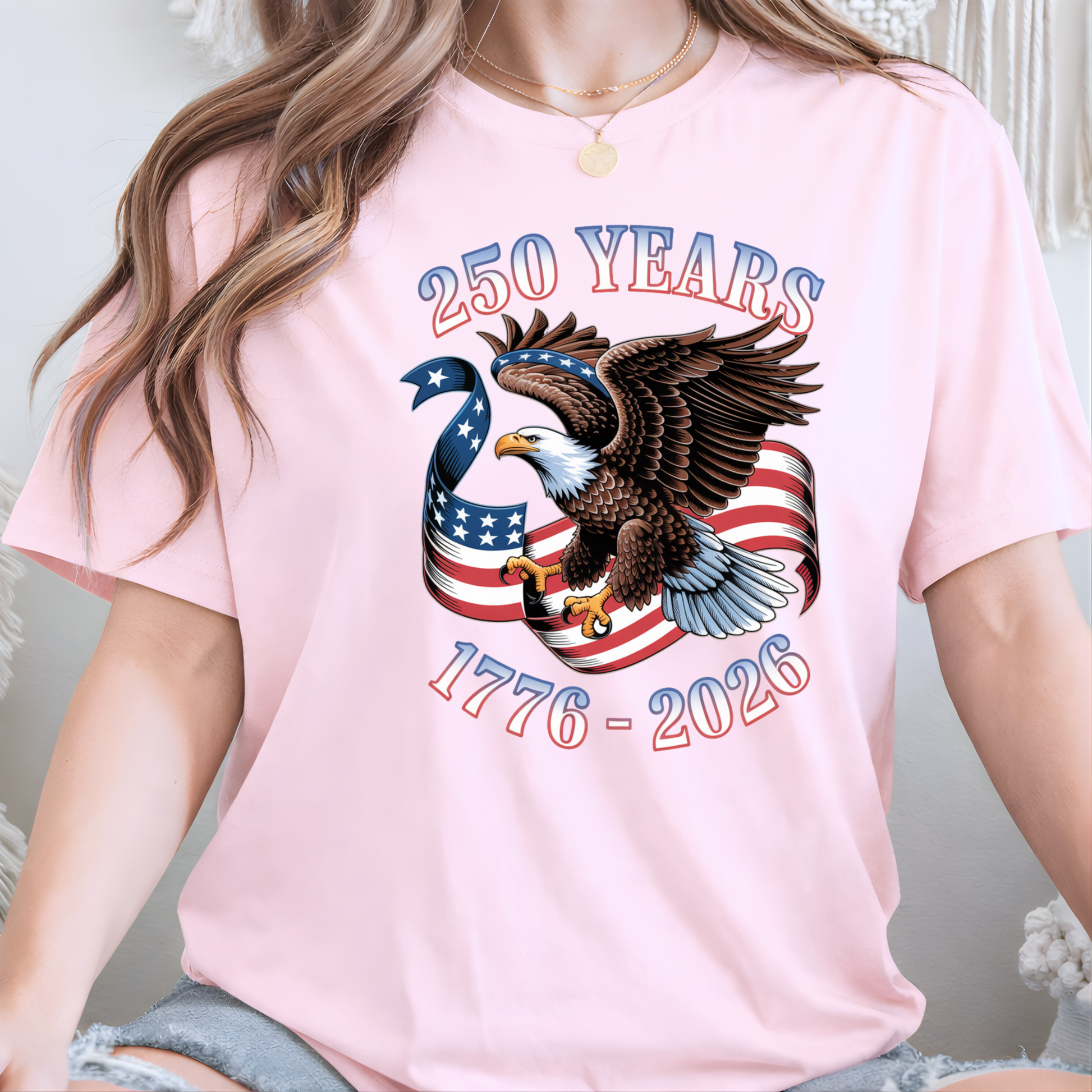 Womens pink America 250 shirt eagle patriotic graphic 1776 2026 USA tee