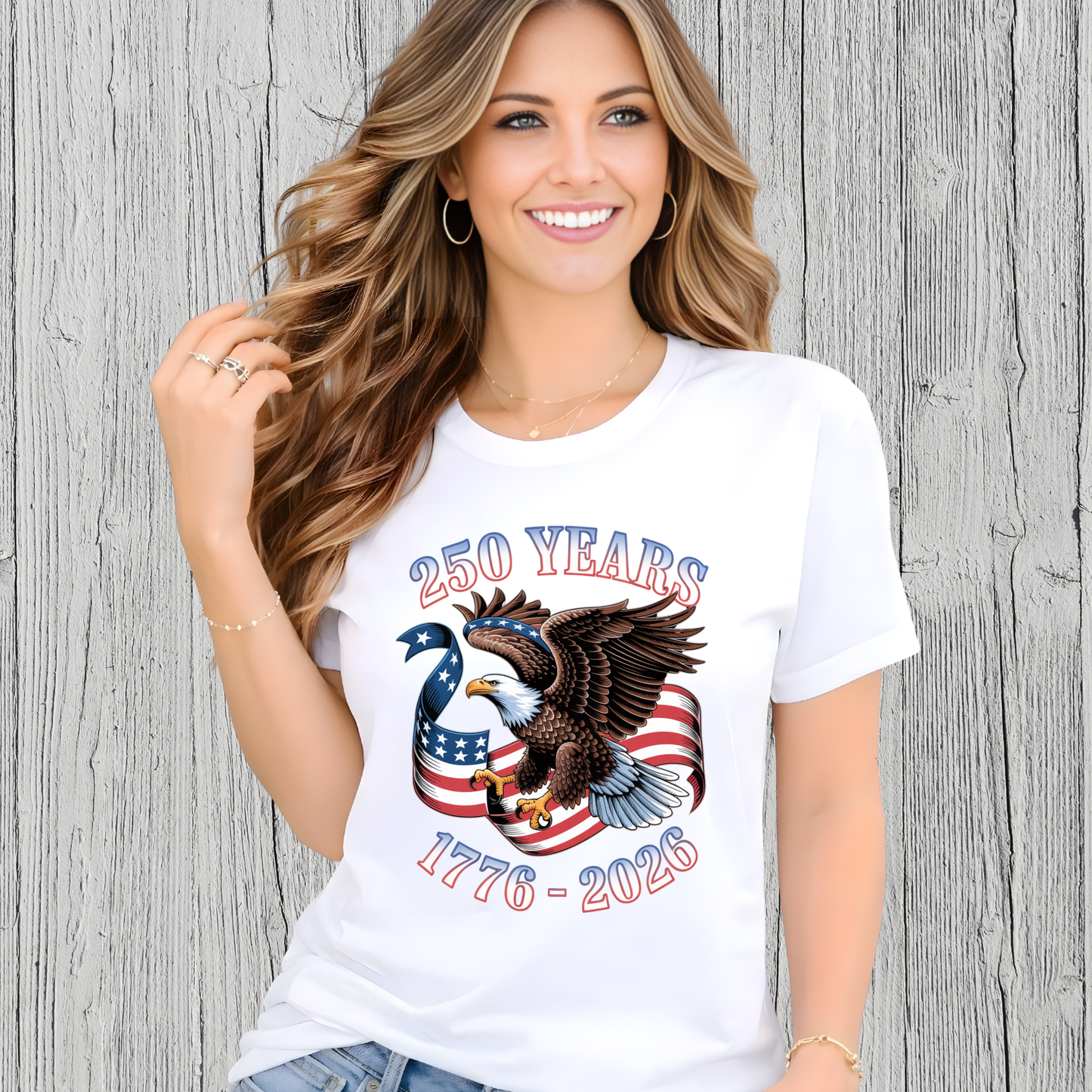 Womens white patriotic shirt America 250 eagle graphic 1776 2026 USA tee