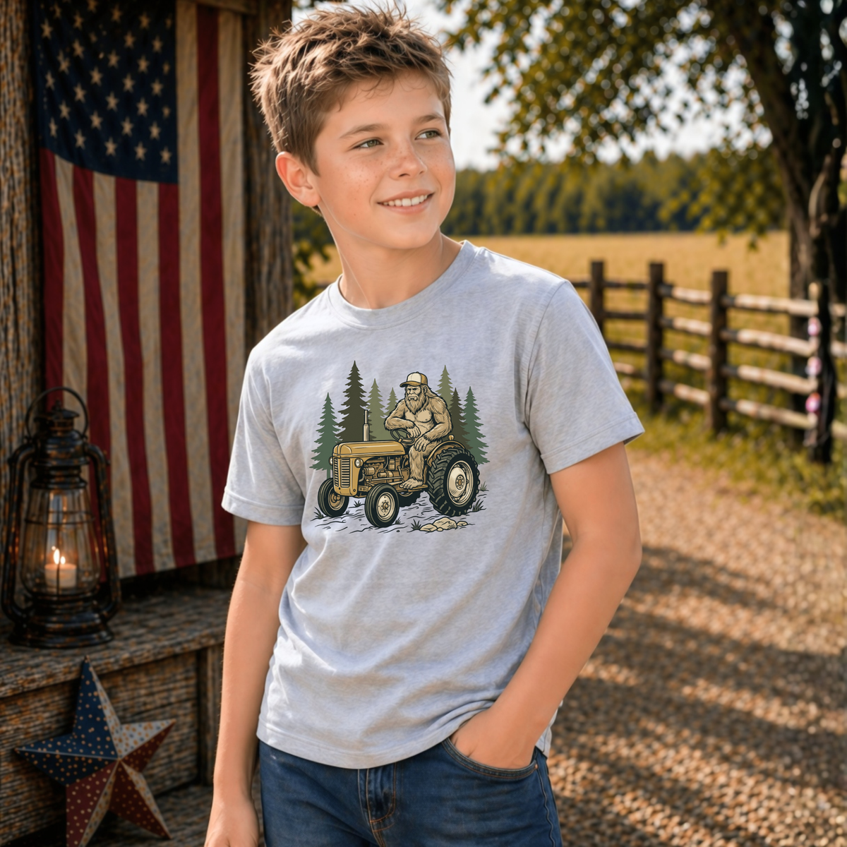 Youth model wearing a sports gray T-shirt with a woodland tractor graphic in a rustic outdoor setting.