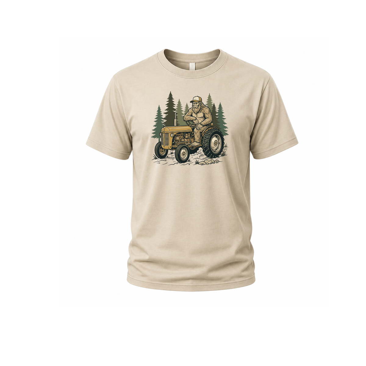 Sand youth T-shirt mockup featuring a woodland tractor graphic on the front.