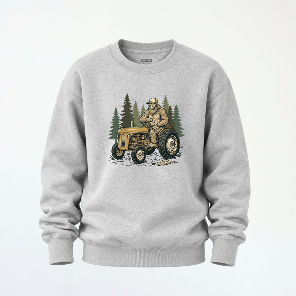 Sports gray youth crewneck sweatshirt mockup with a woodland tractor graphic.