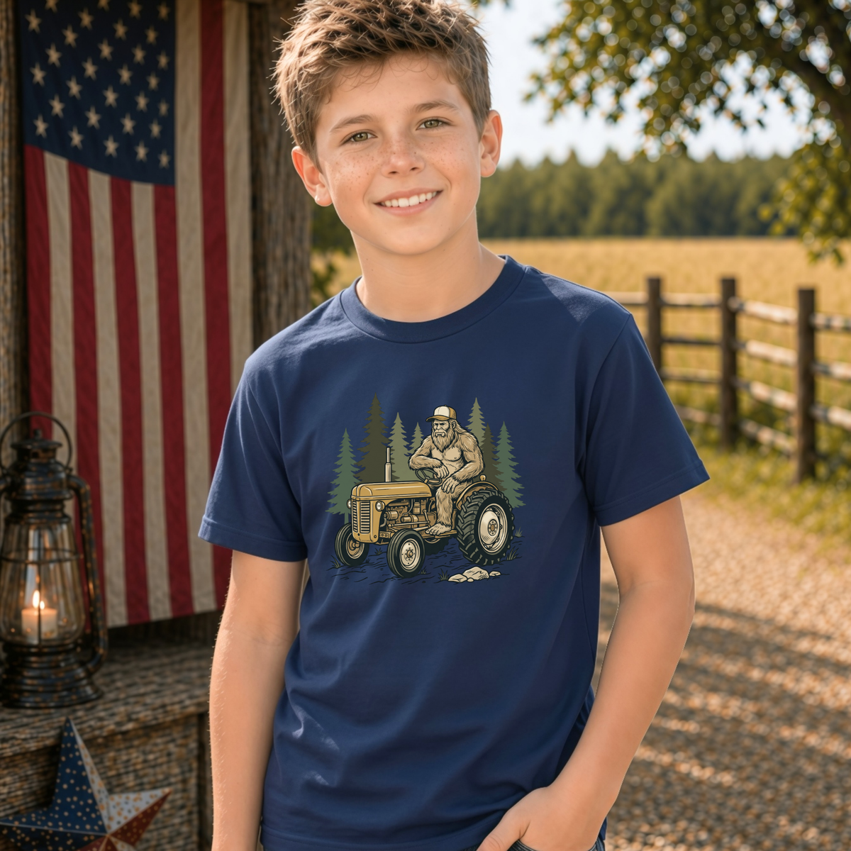 Youth model wearing a navy T-shirt with a woodland tractor graphic.